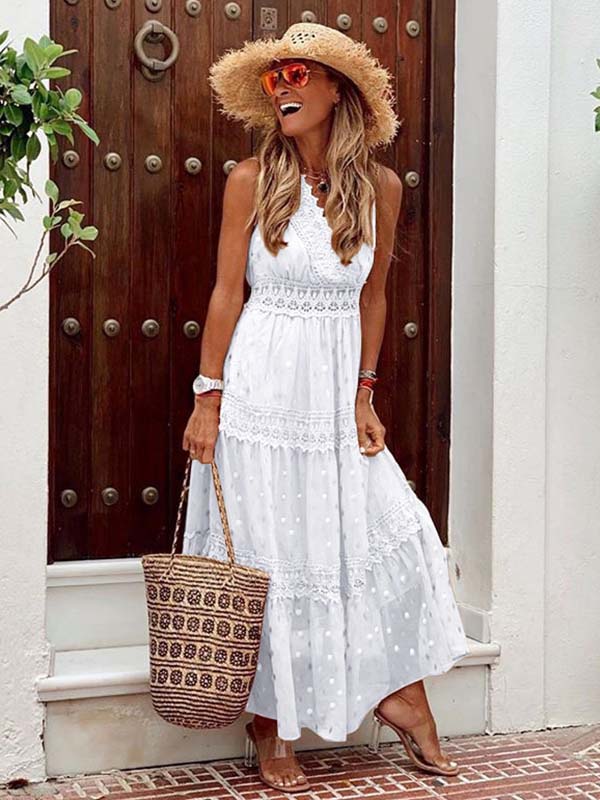 Stunncal Stylish PolkaDots Print Lace V-Neck Maxi Dress