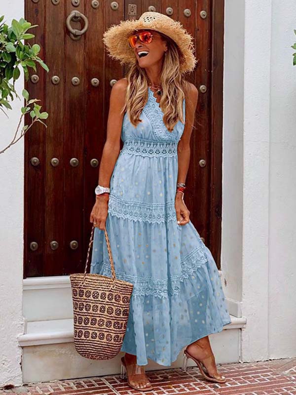 Stunncal Stylish PolkaDots Print Lace V-Neck Maxi Dress