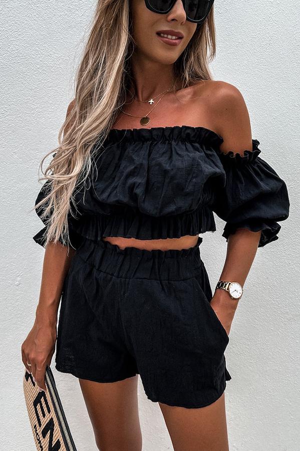 Stunncal Summer Off Shoulder Linen Shorts Suit