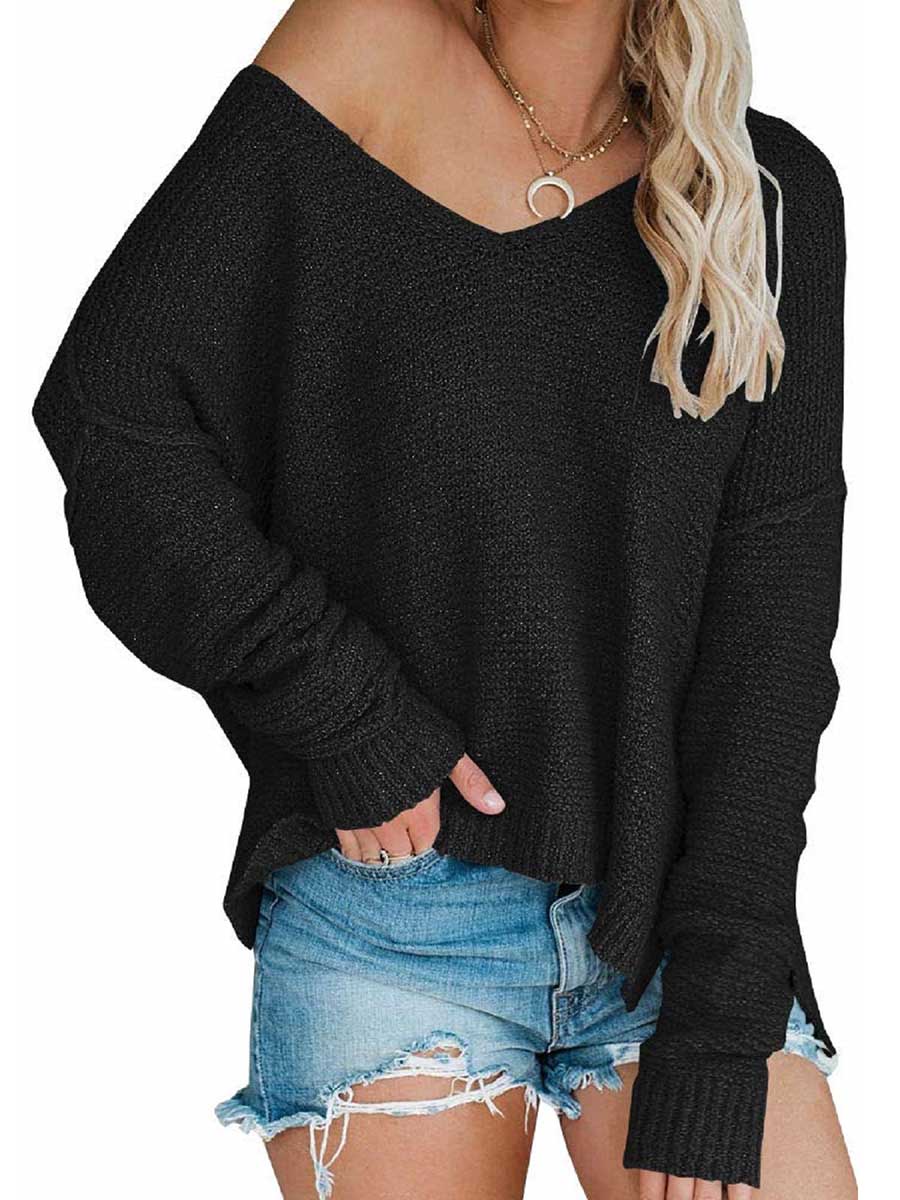 Stunncal Strapless Knit Sweater Oversized Long Sleeve Sexy V-Neck Loose Pullover