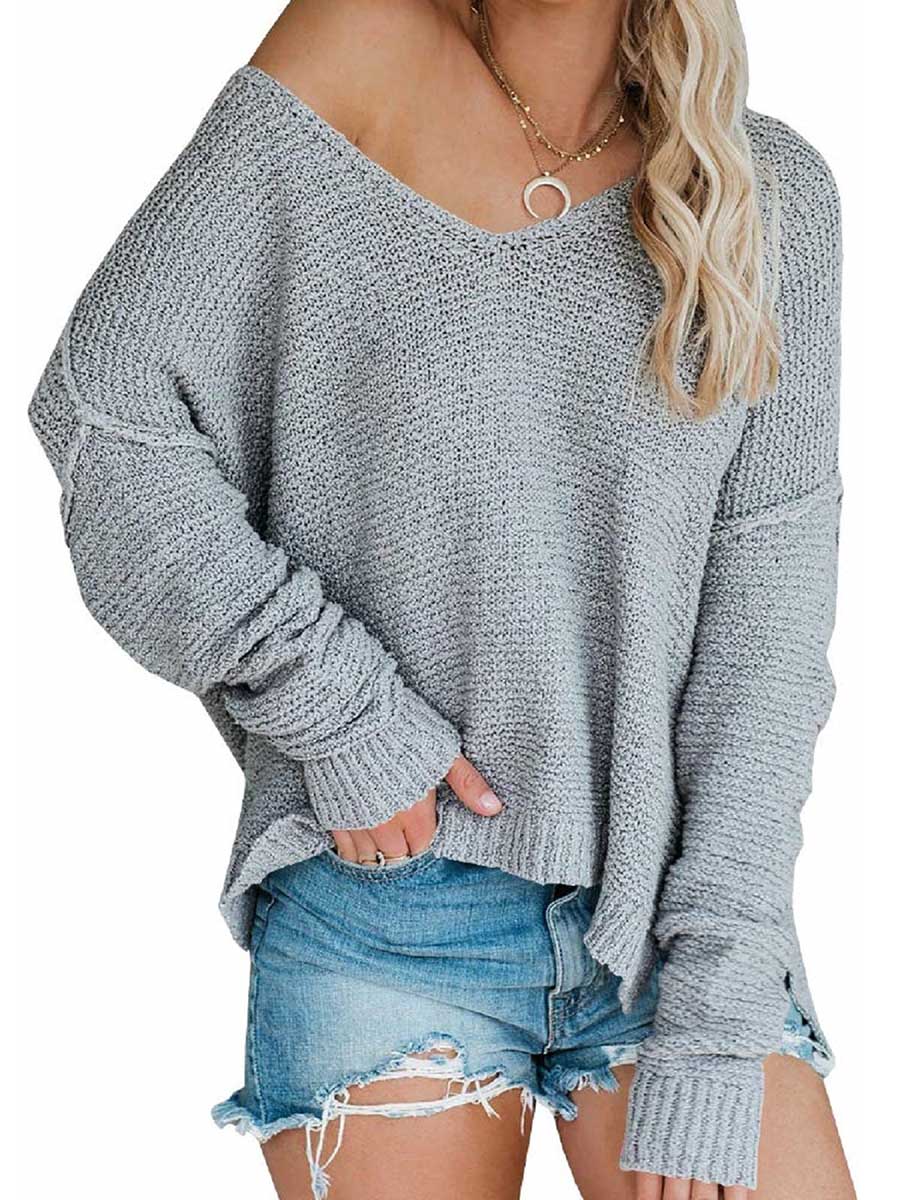 Stunncal Strapless Knit Sweater Oversized Long Sleeve Sexy V-Neck Loose Pullover